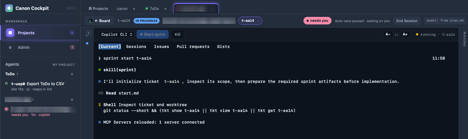 Copilot CLI running sprint start for a ticket in the Cockpit, with the agent picker set to Copilot CLI and the session marked needs you.