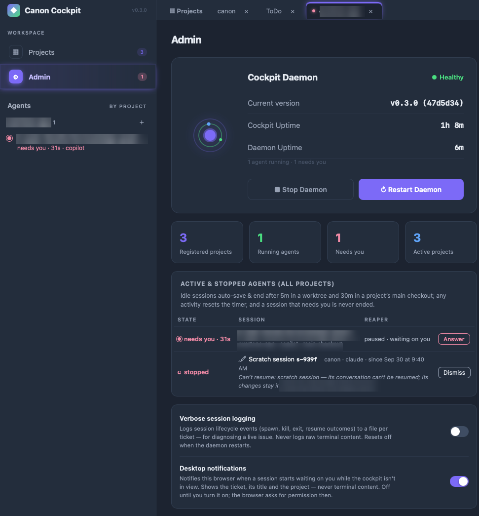 The Admin page: Cockpit Daemon health, version, uptime, Stop and Restart buttons, counts of projects, running agents and sessions that need you, the active agents table with idle auto-save timers, and notification toggles.
