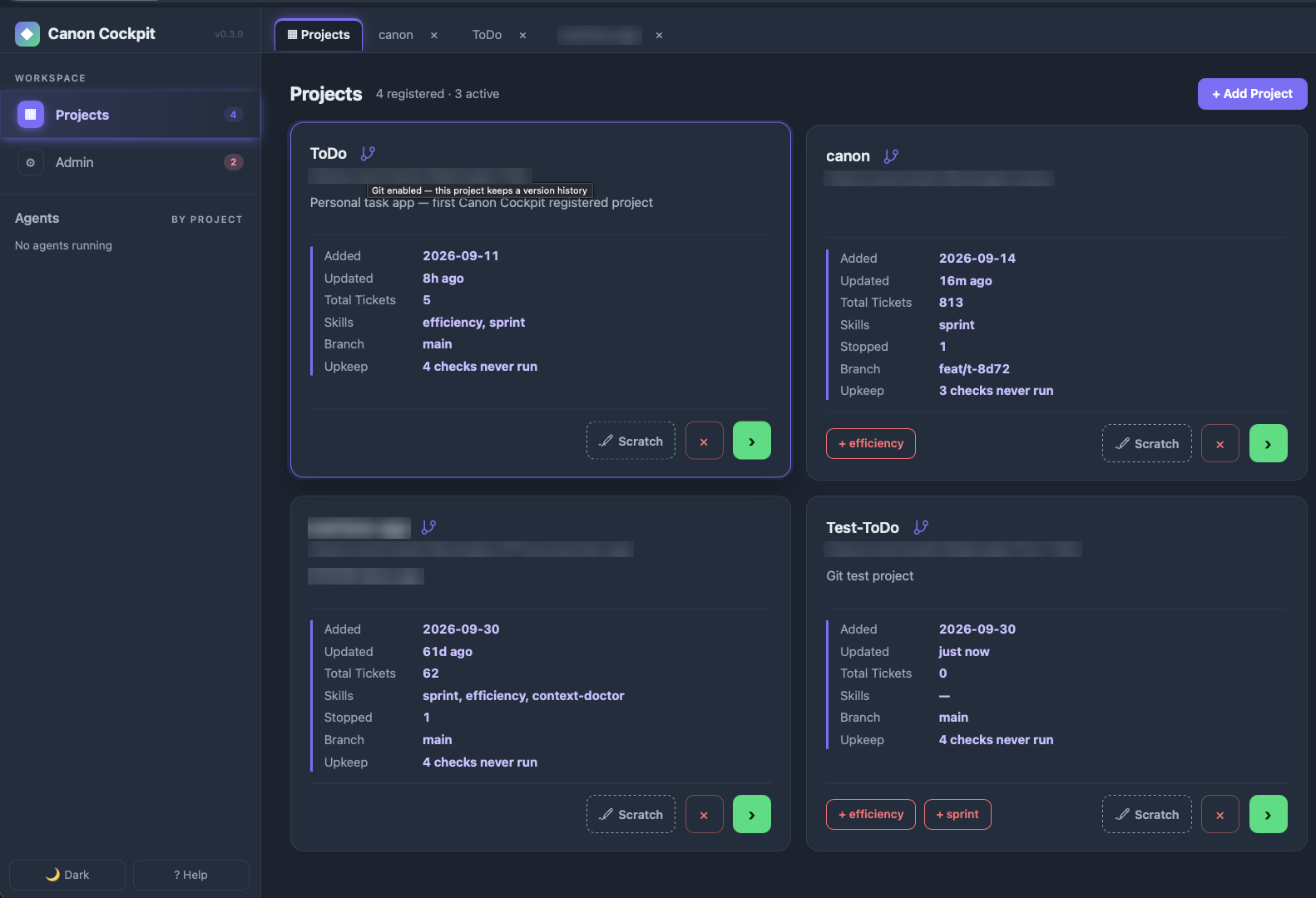 The Cockpit Projects page: four project cards, each with a git icon beside its name, ticket count, registered skills, branch and upkeep status, plus Scratch and open buttons, and skill buttons like + efficiency where one is missing.