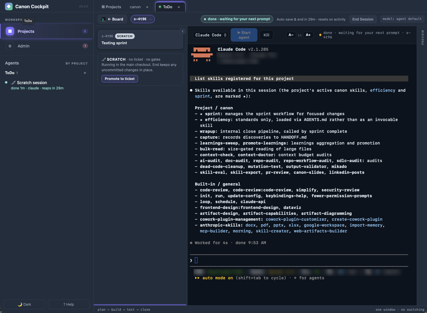 A Claude Code scratch session running in the Cockpit: the agent terminal fills the window, with a Promote to ticket button, session status, auto-save timer and a project and agents sidebar.
