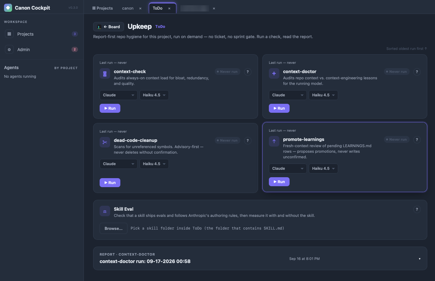 The Upkeep page for a project: cards for context-check, context-doctor, dead-code-cleanup and promote-learnings, each with last-run status, an agent and model picker and a Run button, plus a Skill Eval card and a report list.
